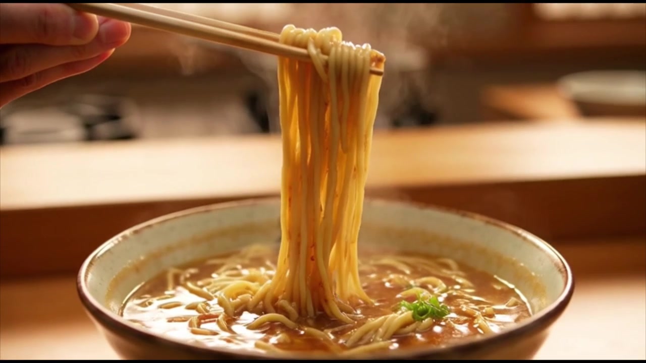 Mano che usa le bacchette per sollevare noodles ramen fumanti dalla ciotola