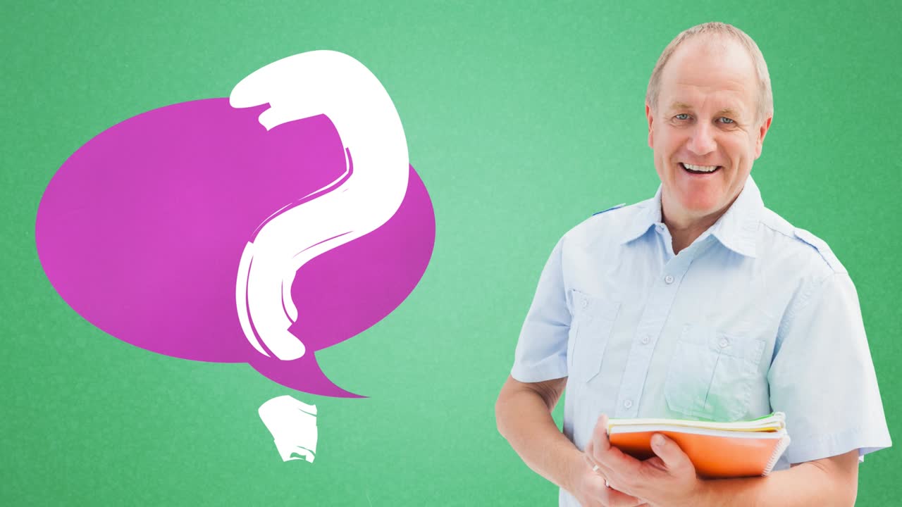 Animation of speech bubble with question mark over caucasian male teacher