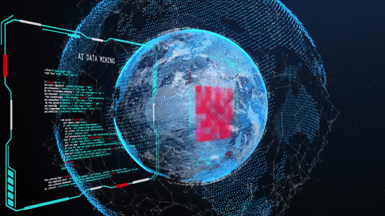 On load holo globe rotating while red data cluster pulsing, HUD scrolling, showing real-time data