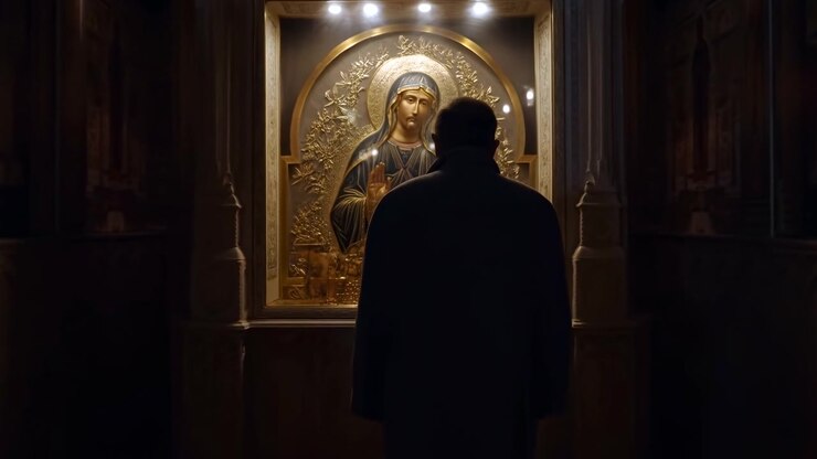 Figura solitaria vista da dietro, leggermente chinata in avanti, di fronte a una nicchia centrale ad arco che ospita un rilievo dorato o un'icona illuminata da tre faretti, con silhouette, uomo, schiena, dettaglio cappotto.