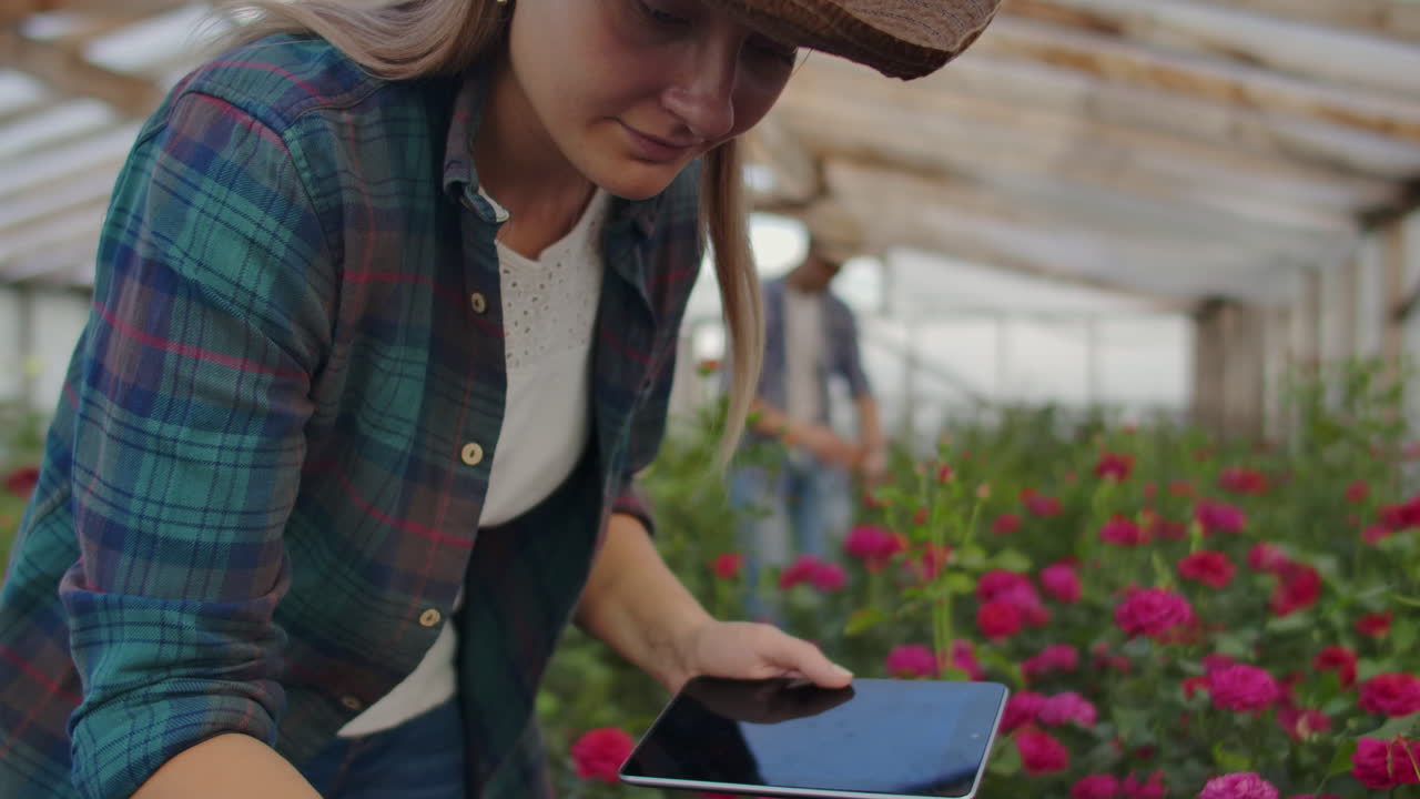 Una donna con un tablet esamina i fiori e tocca lo schermo del tablet con le dita. Un'attività di floricoltura controlla i fiori in serra.