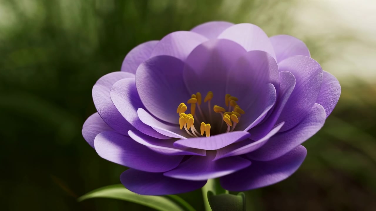 Tæt nærbillede af en ensom lilla blomst, der vokser i lav havejord. Flere lagdelte kronblade danner en roset med farveovergange fra dyb violet til bleg