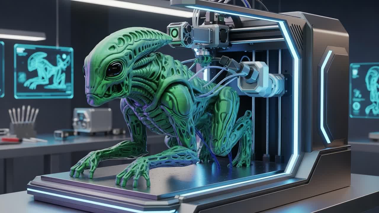 A futuristic scene showcases a detailed green alien creature being produced by an advanced 3D printer, blending technology and imagination into a striking visual