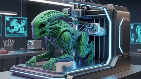 a futuristic scene showcases a detailed green alien creature being produced by an advanced 3d printer, blending technology and imagination into a striking visual