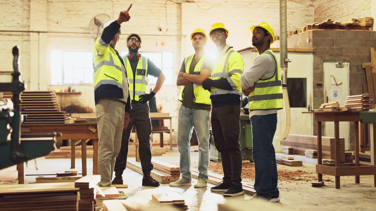 Construction workers in a wood workshop