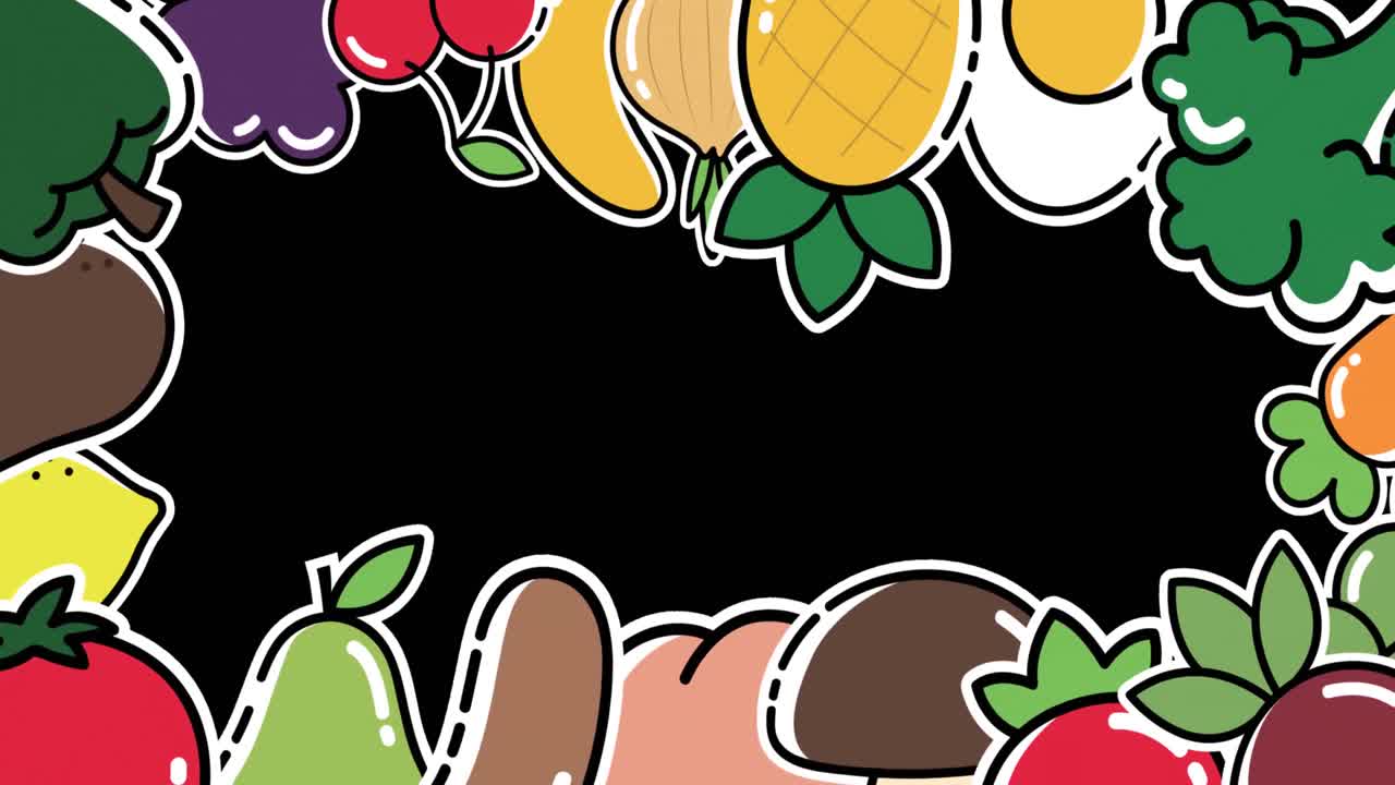 animación de verduras que caen sobre un fondo negro