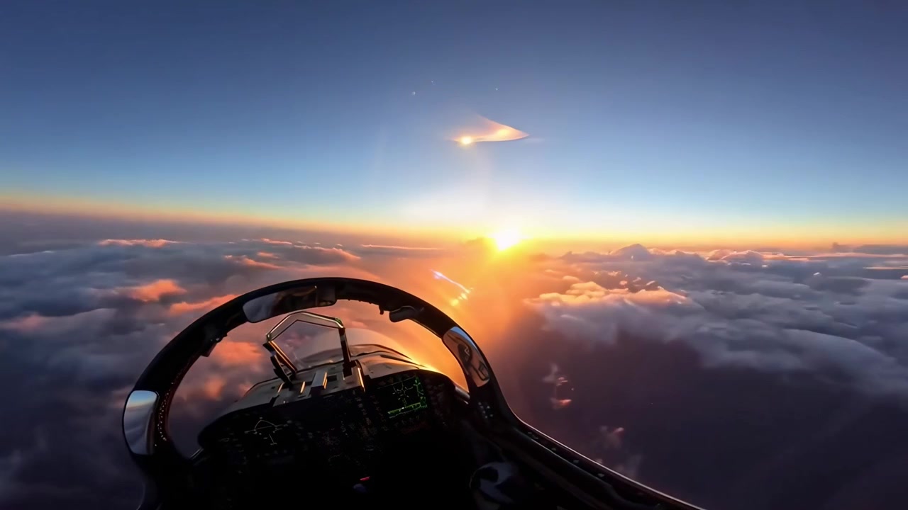 Jagerfly Cockpit-utsikt Utfører Luftmanøver ved Solnedgang