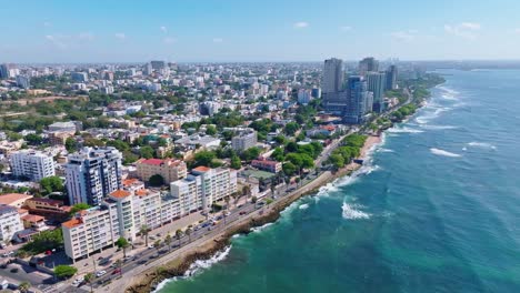 Aerial-view-along-George-Washington-avenue-pier-and-cityscape,-Santo-Domingo,-Dominican-Republic