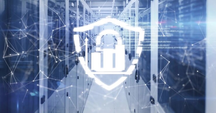 Animazione di un lucchetto di sicurezza, rete di connessioni ed elaborazione dati su una sala server
