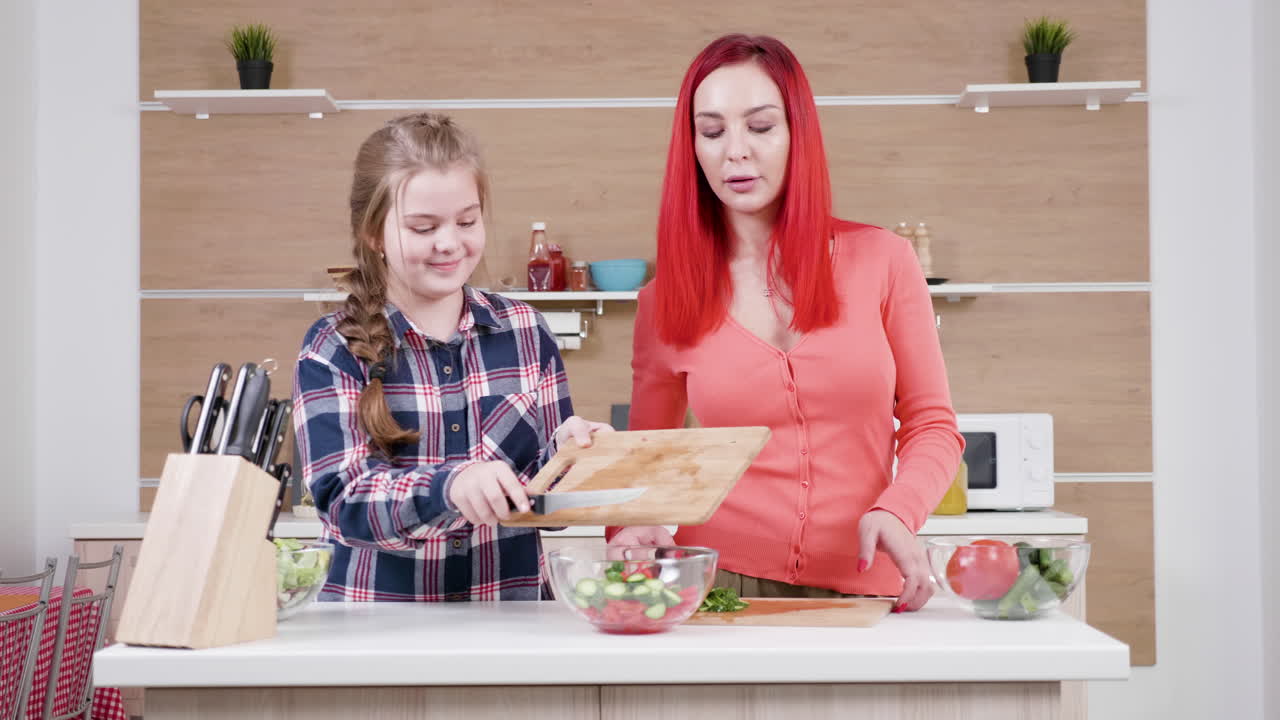 Mother and Daughter Preparing Healthy Salad in Kitchen