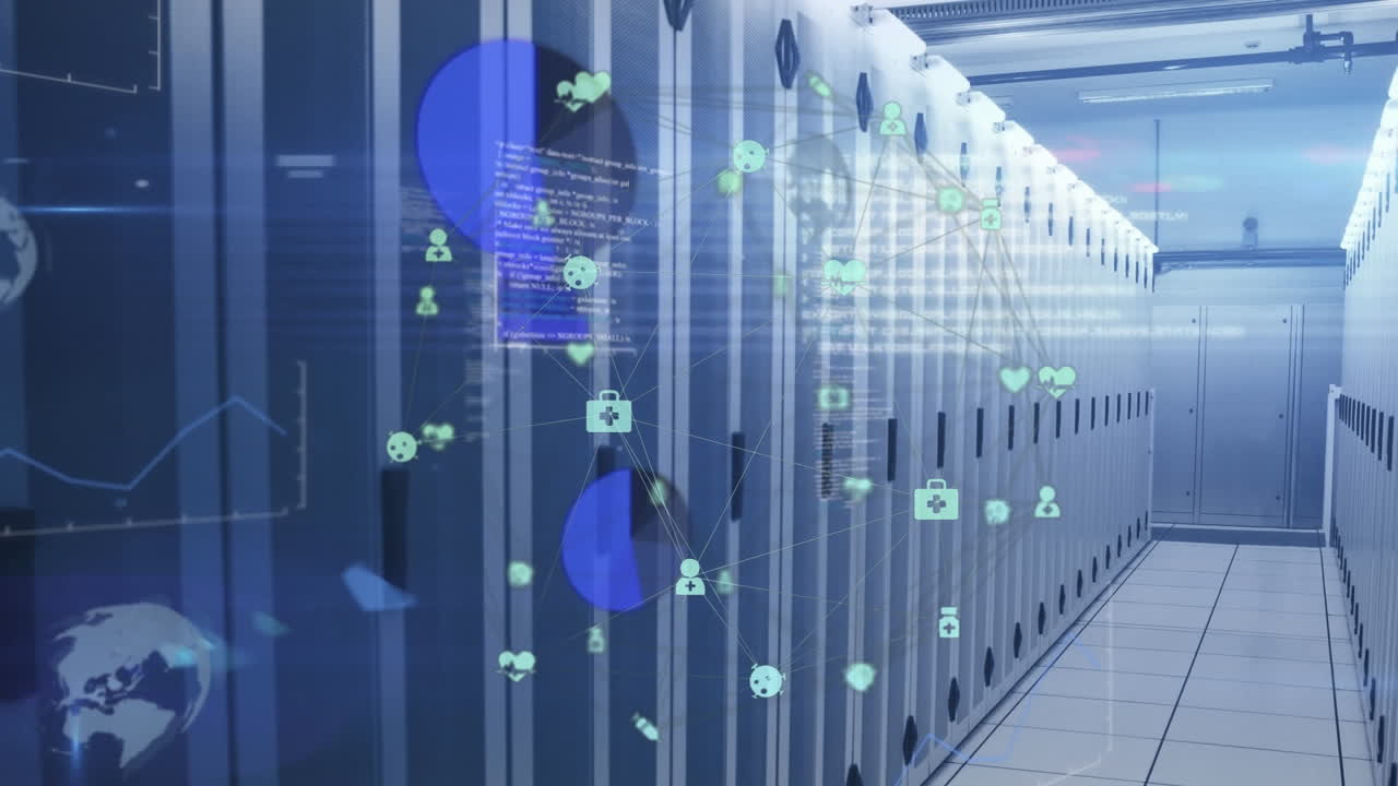 Animation of globe of medical icons spinning over data processing against computer server room