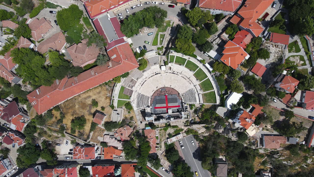 Top drone shot of ancient Plovdiv theater in Bulgaria during daytime