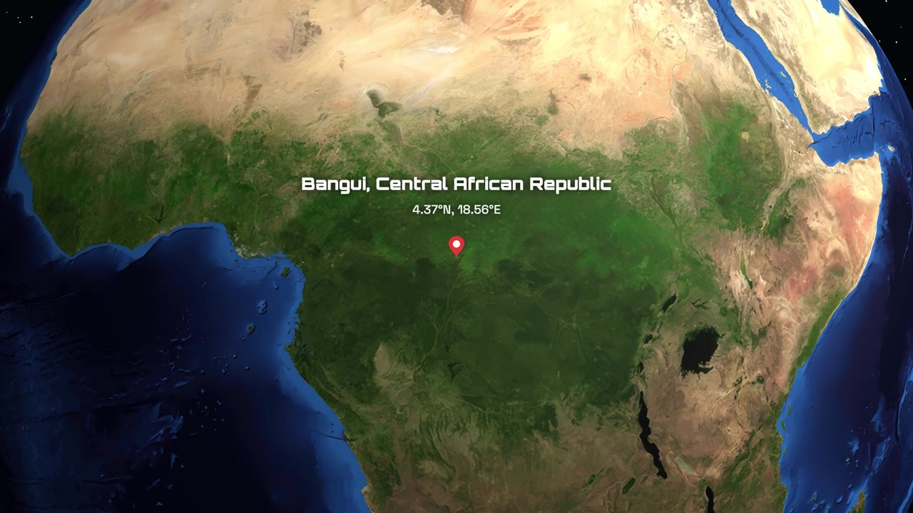 Globo digital gira y hace zoom desde el espacio hacia Bangui, República Centroafricana con coordenadas