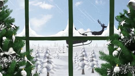 Animation-of-santa-claus-in-sleigh-with-reindeer-and-christmas-trees-seen-through-window