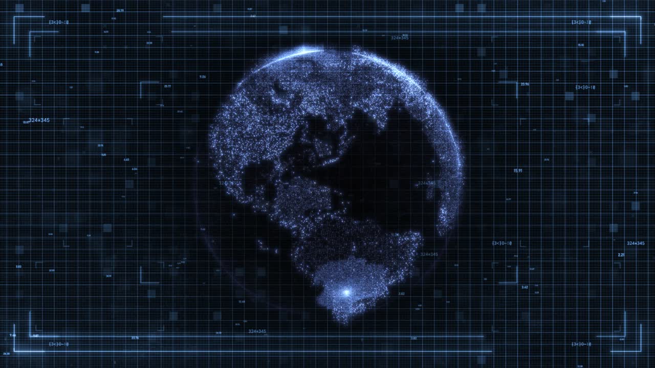 Rotating Planet Earth in a Digital Frame Over a Futuristic Hi-Tech Grid and Numbers Background