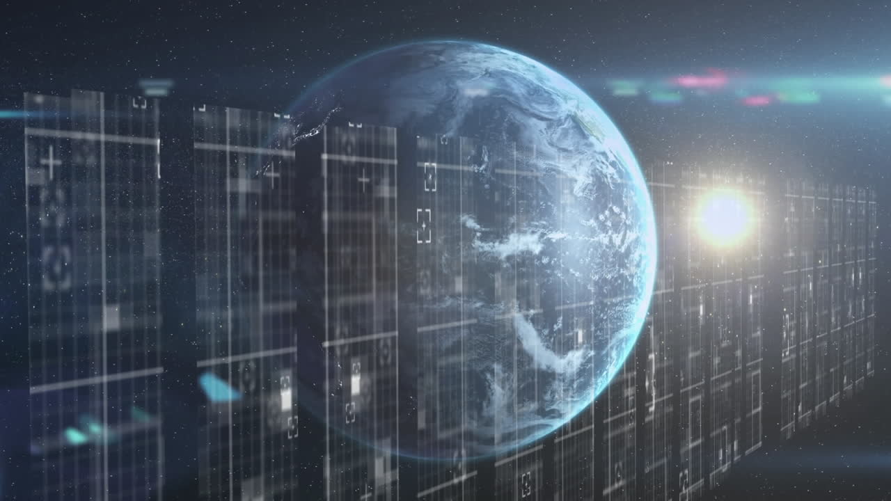 Animation of light, data processing and globe in navy space