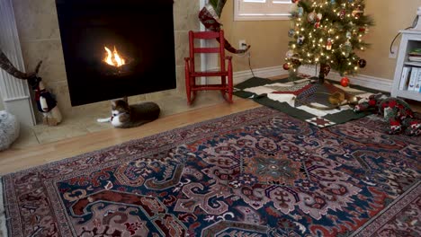 house cat sitting by the warm fireplace in a home with a decorated christmas tree and modern decor