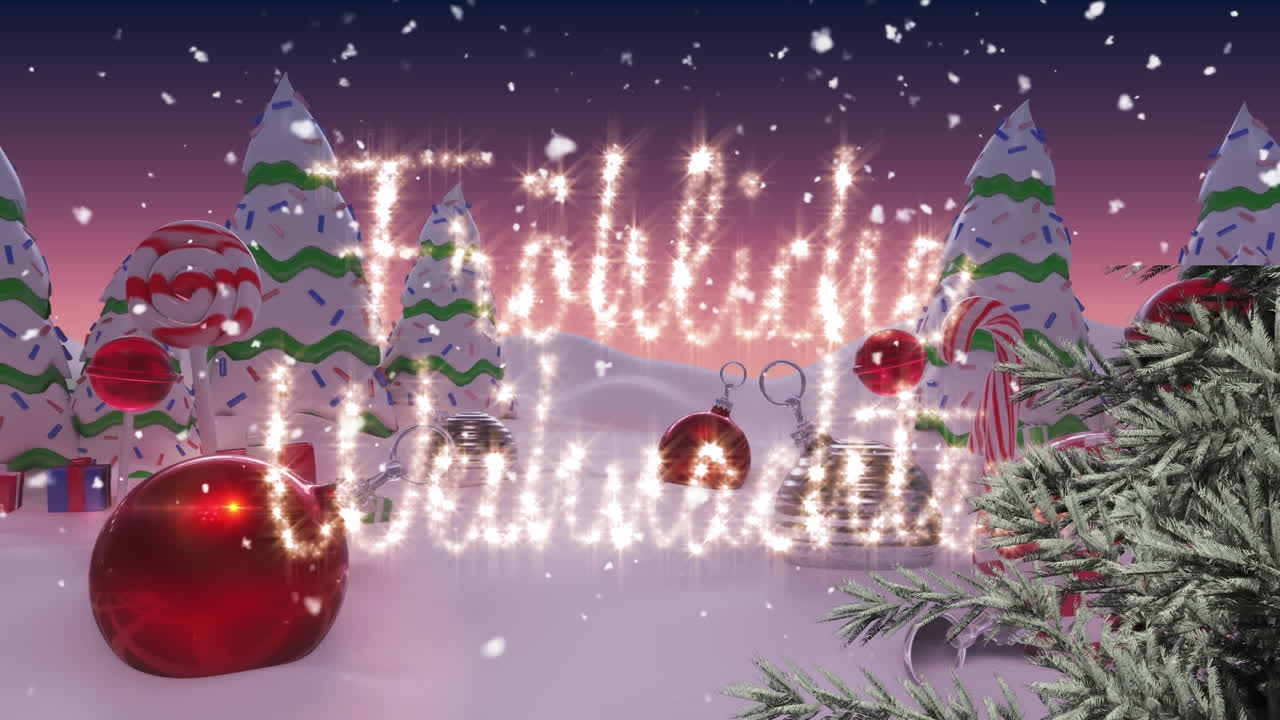 frohe weihnachten 텍스트와 겨울 풍경에 크리스마스 장식과 나무 위에 내리는 눈