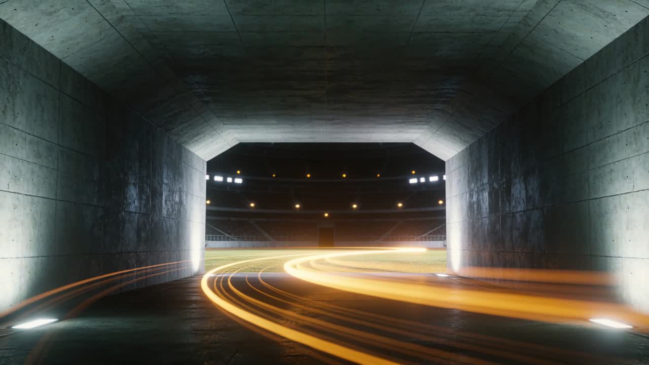 Ampie scie di luce arancione che partono da destra attraverso un tunnel di cemento, rivelando un campo illuminato a giorno.