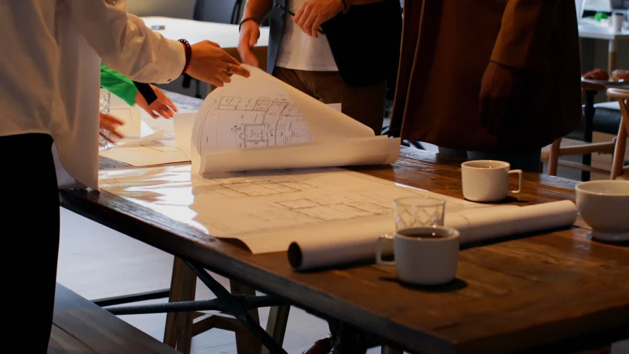 비즈니스 동료들이 사무실 4k에서 청사진을 논의하고 있습니다.