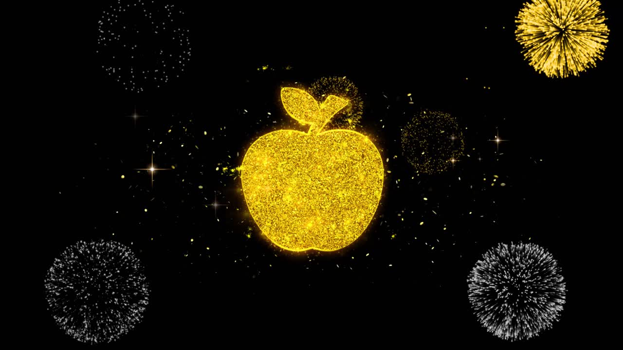 Apple icon on glitter golden particles effect firework object shape text design element symbol 4k