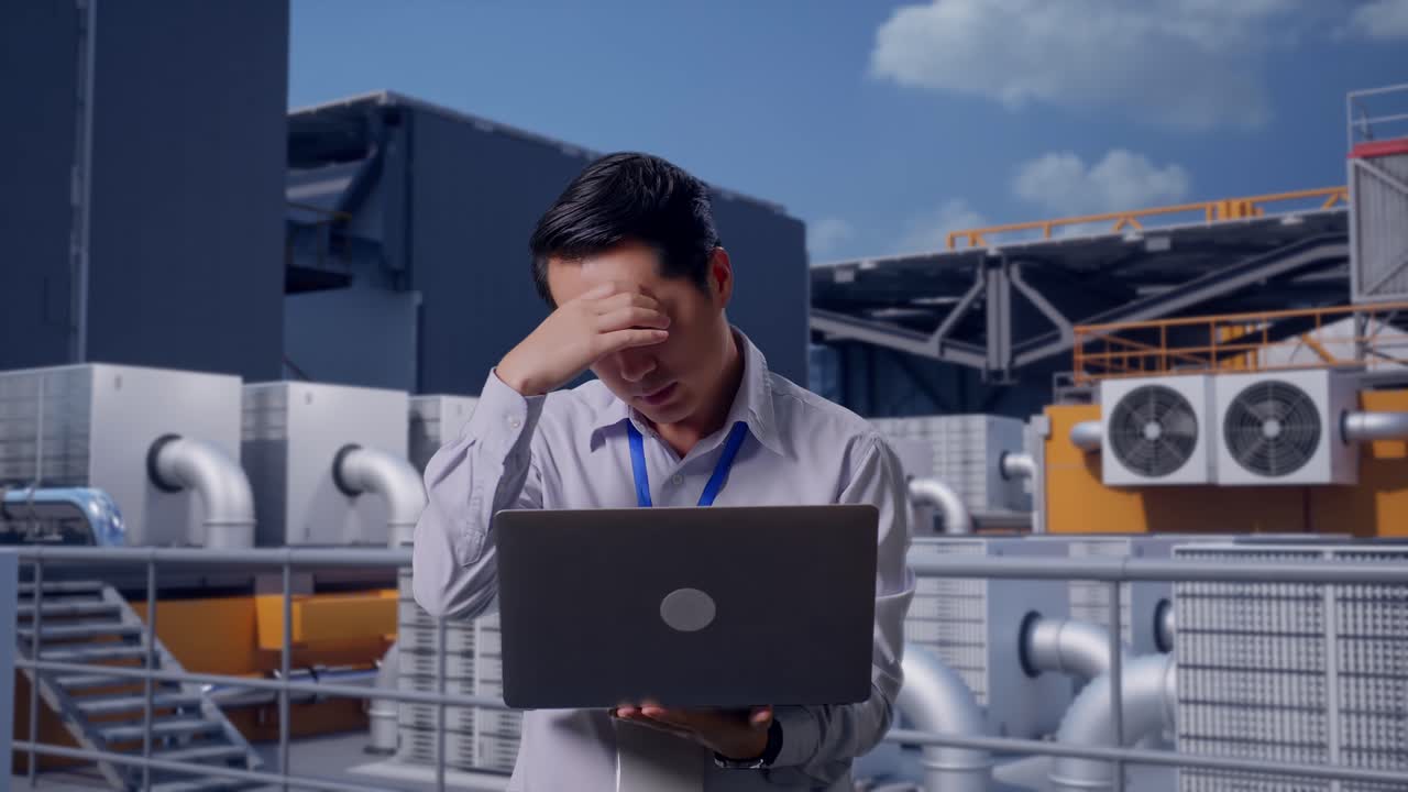 Asian Male Professional Worker Standing With His Laptop, Worker Inspecting Rooftop HVAC Units, He Is Nodding His Head With Dissapionted