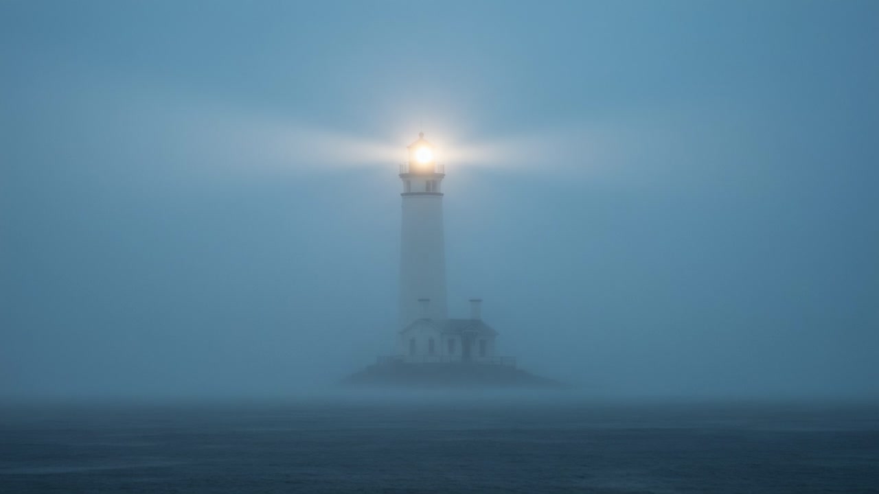 Lighthouse shining through dense fog at sea