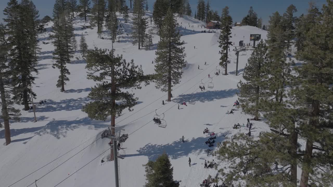 Scena di una stazione sciistica invernale con seggiovie in funzione, sciatori e snowboarder sulle piste, delimitatori arancioni, persone che si riposano sulla neve, pini e formazioni rocciose, clima di montagna soleggiato e luminoso