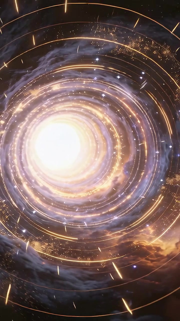 Vertical video: Glowing central core starting rings tightening pulling particles inward, deep space