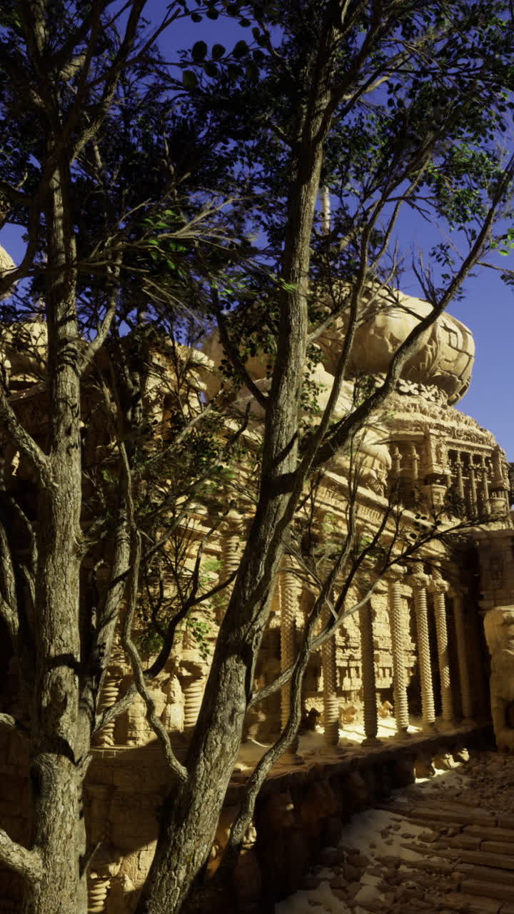 Historic temple ruins surrounded by ancient trees under clear blue sky