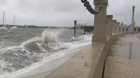 Dangerous-hurricane-waves-crash-against-bulkhead-as-storm-surges-ashore,-Florida