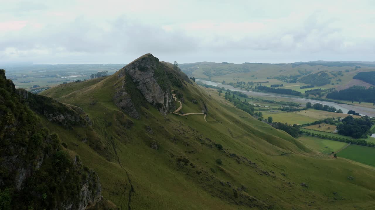 Aeiral tracking over the cliff face of Te Mata Peak in Hawkes Bay, New Zealand