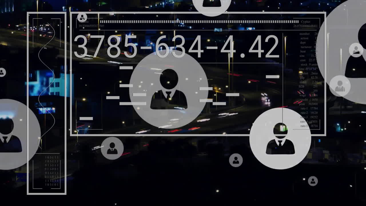 animación de iconos de personas y procesamiento de datos sobre el paisaje urbano