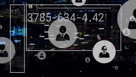 animation of people icons and data processing over cityscape