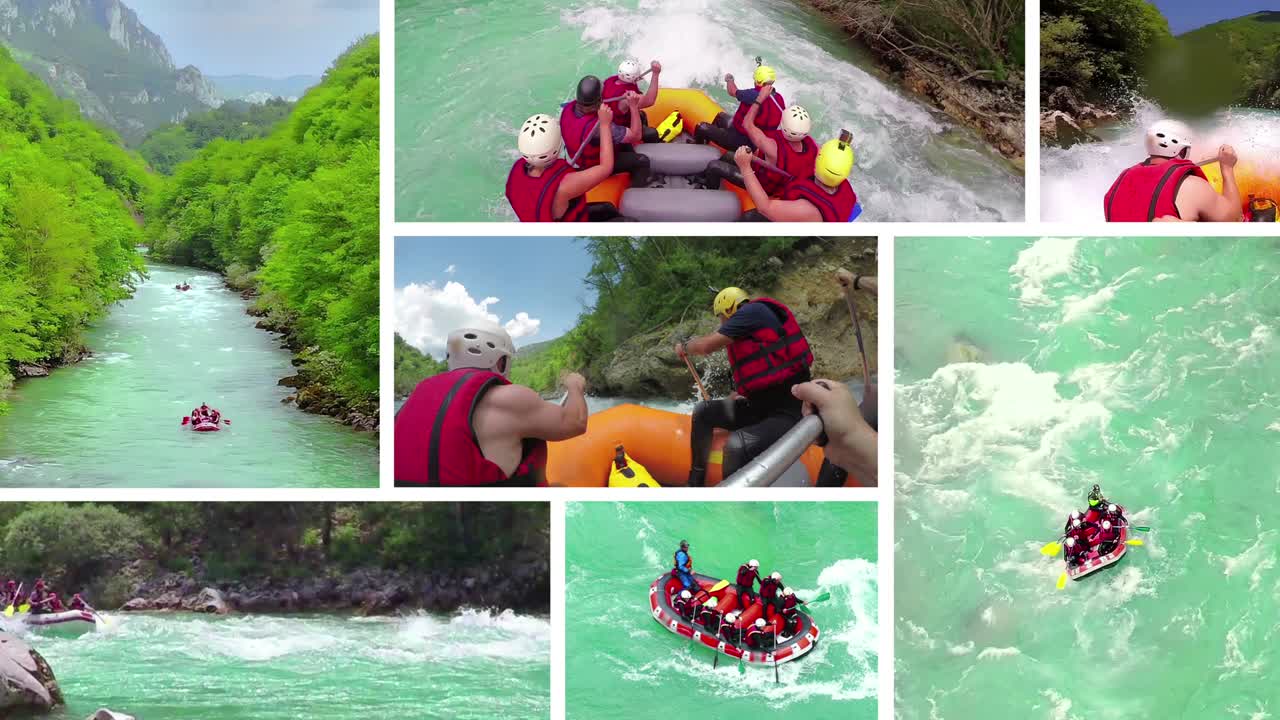 rafting en el río tara en montenegro montaje en collage