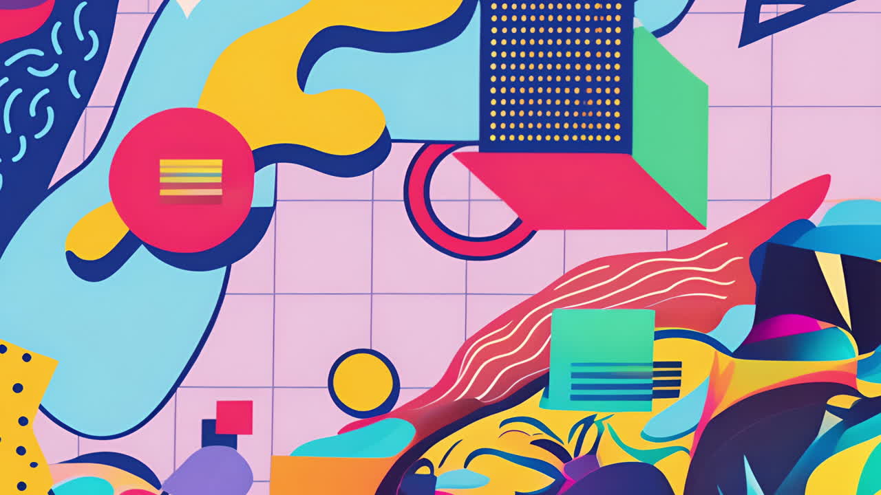 Abstract geometric shapes and colorful patterns animation over grid background