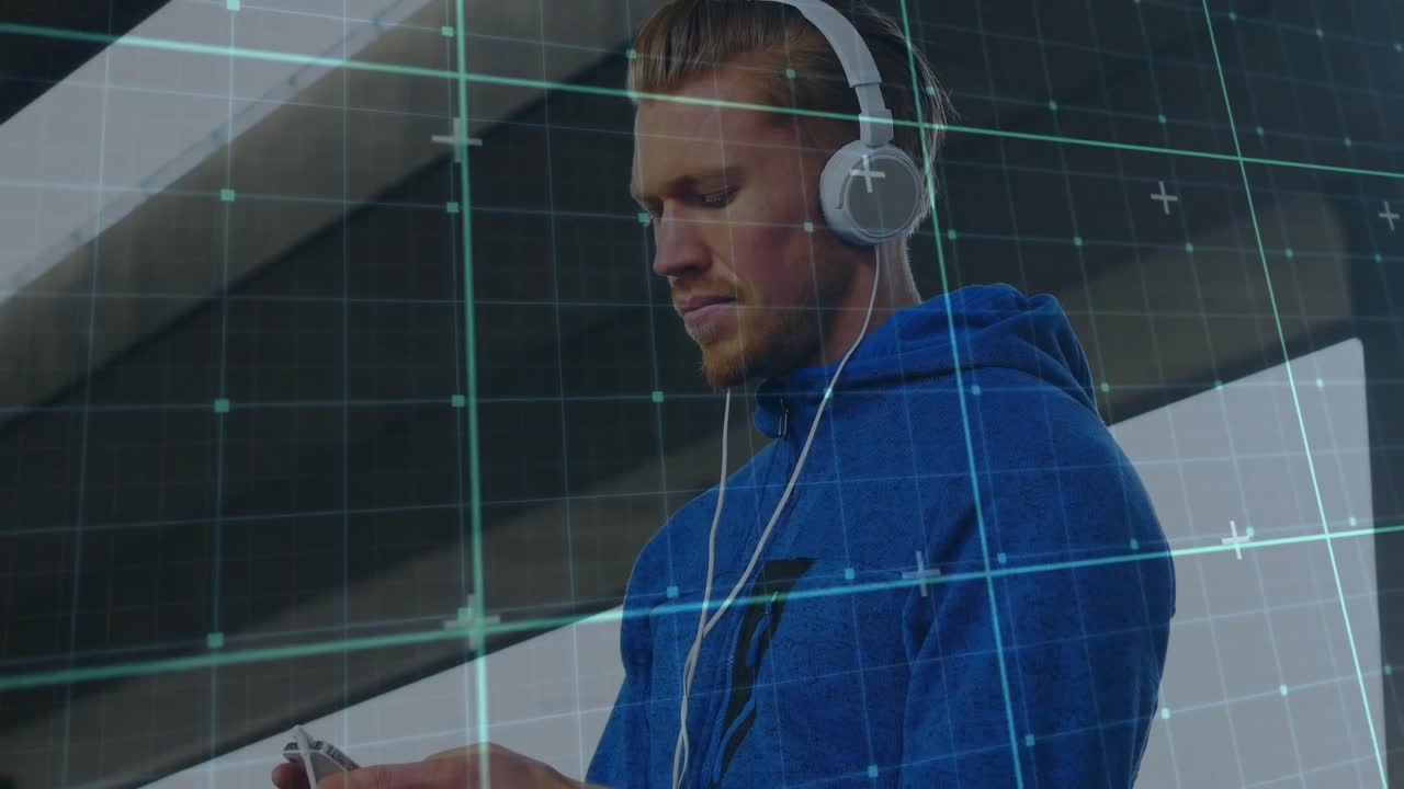 Mand, der trykker og swiper på smartphone, skifter hovedtelefoner på plads med animerede knuder