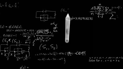 Animation-of-pen-icon-over-mathematical-equations-on-black-background