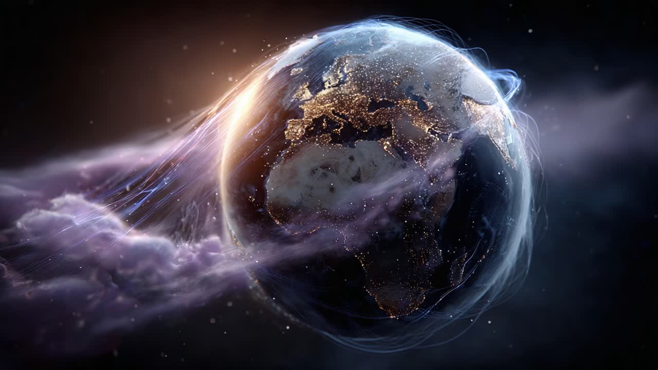 Stunning Visual of Earth Illuminated by City Lights and Ethereal Light Streams, Capturing the Unity of Nature and Technology in a Cosmic Perspective