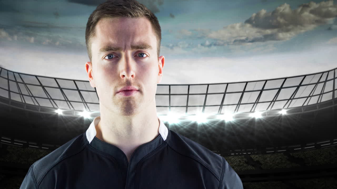 경기장 위에 공을 들고 있는 백인 남성 럭비 선수의 애니메이션