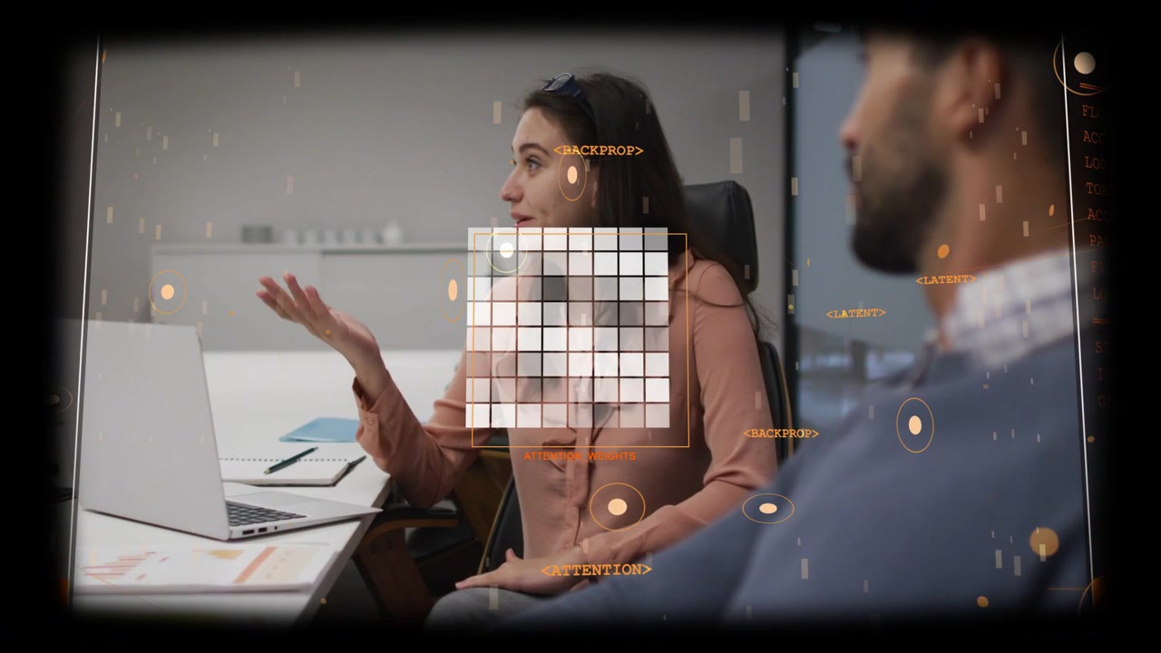 Woman initiating meeting, gesturing and explaining with HUD grid and orange markers over laptop