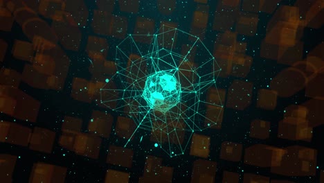 Globe of network of connections against cityscape