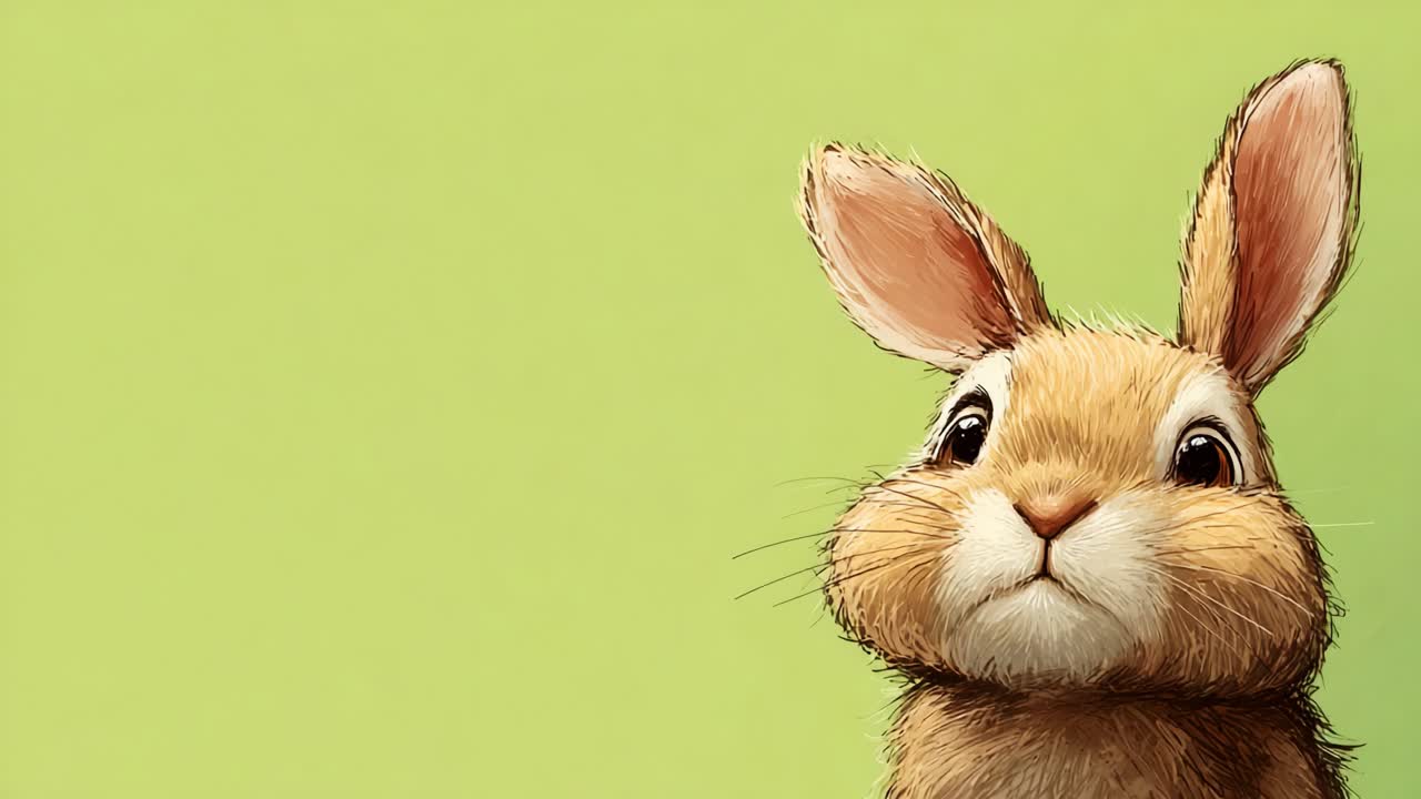Charming and Playful Animated Bunny with Expressive Eyes Against a Soft Green Background, Capturing the Whimsical Spirit of Nature and Wildlife in Fun and Engaging Detail