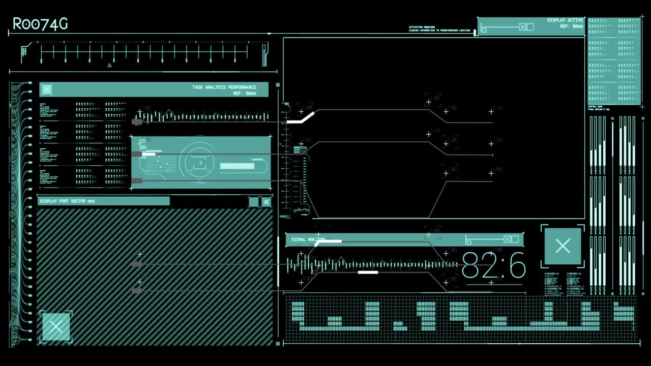 Animation of data processing over dark background