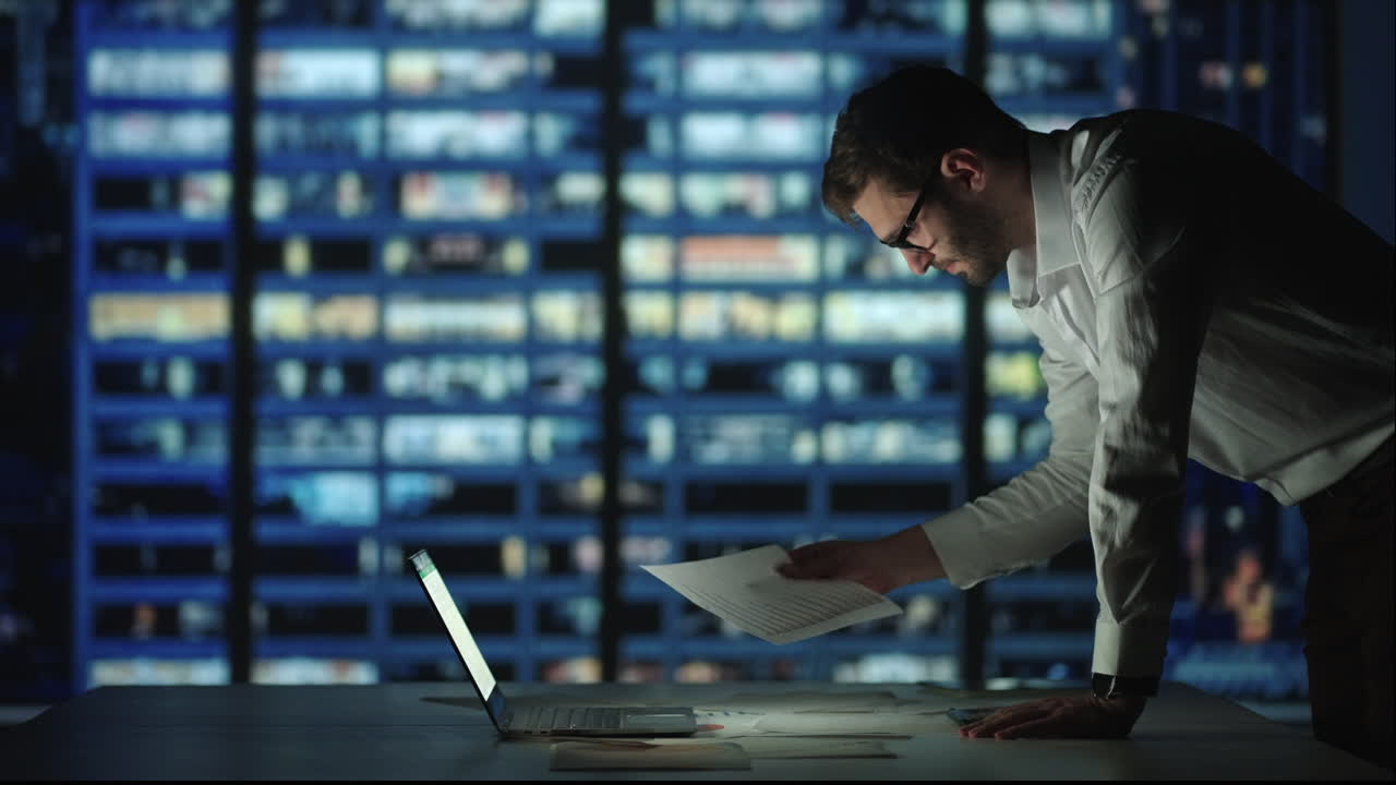 A young man stands at a table and looks at the graphs lying on the table and conducts a brainstorming session. Management of the company. Work at night. Creation and planning of the company's work