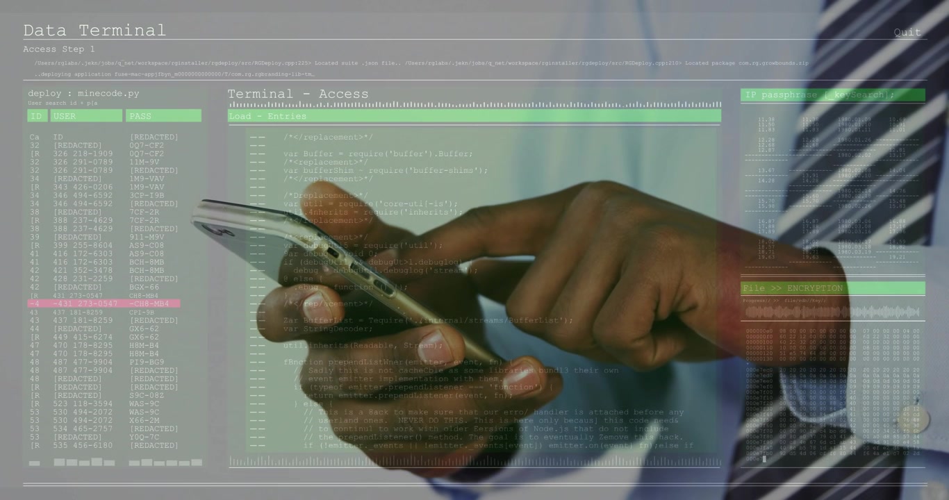 IT pro tapping phone and navigating transparent data terminal interface for reviewing code logs