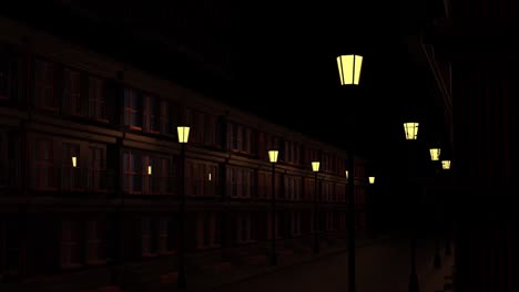 street lights illuminate a dark, empty city street at night.