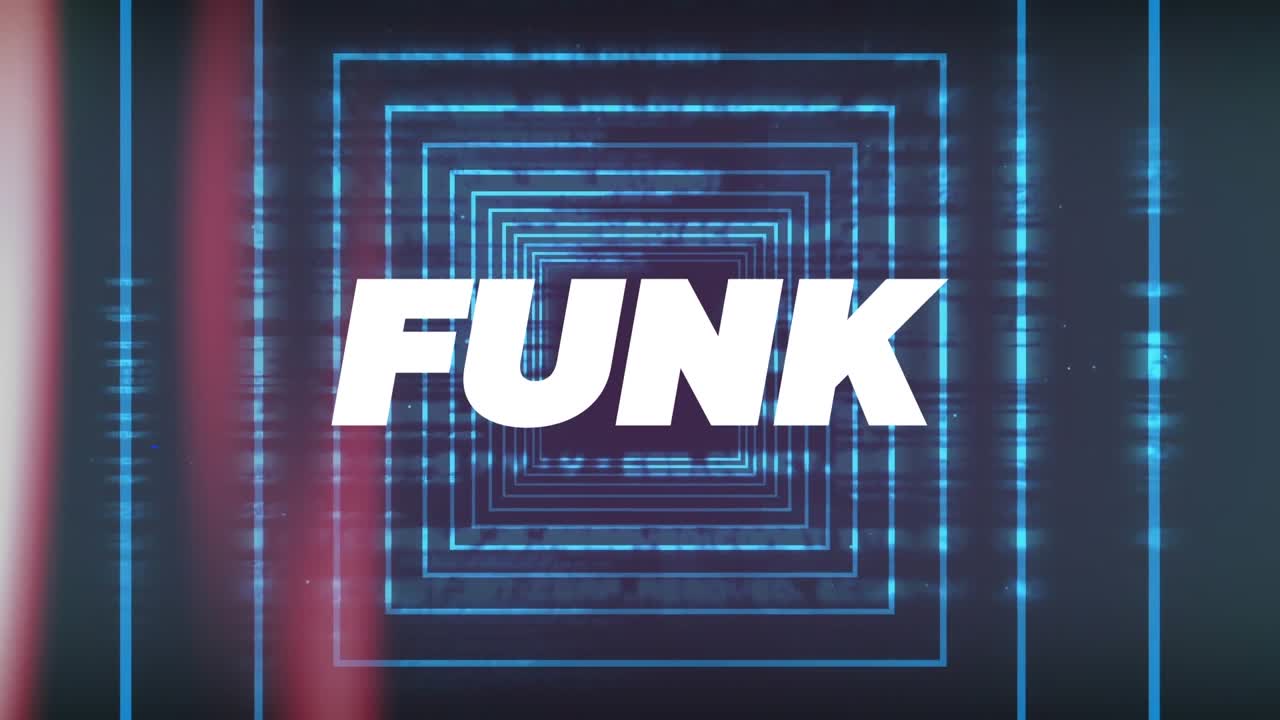 Animation of funk text banner against light spots and square shapes in seamless pattern