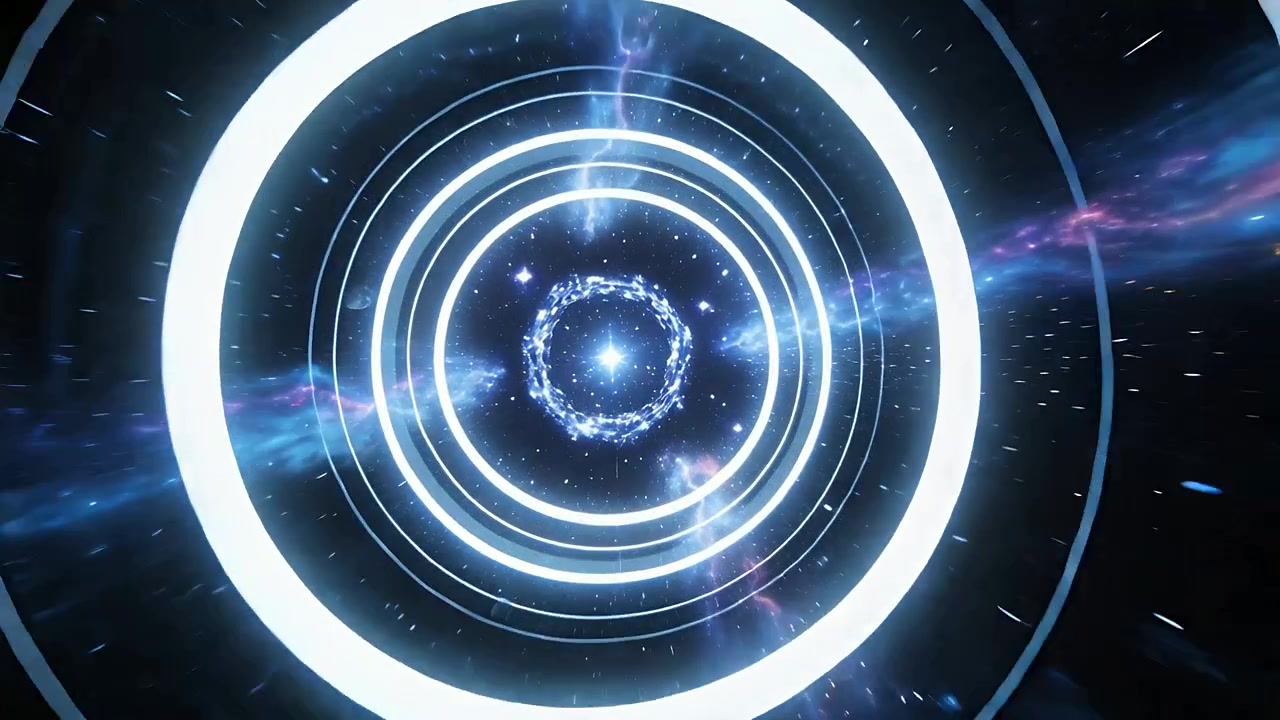 Moving concentric rings forming bright vortex as camera pushing inward through nebula, toward star