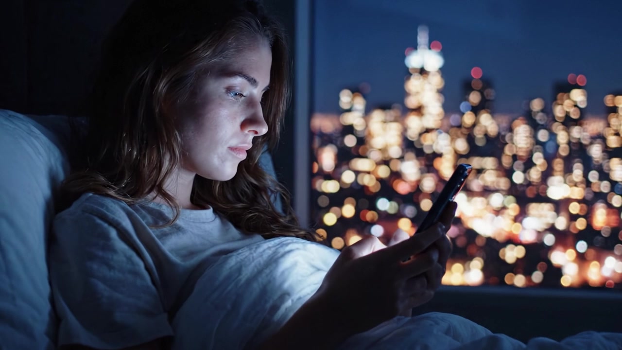 A Serene Nighttime Scene: Young Woman Engaged with Her Smartphone Against a Beautiful City Skyline, Capturing the Calmness of Evening Reflections